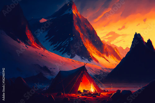 A painting of a tent in the mountains, as the sun rises, capturing the beauty of nature and the spirit of adventure. Generative AI