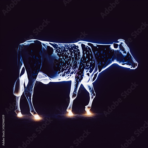 A cow print captured in the night, with a light trail effect. Generative AI
