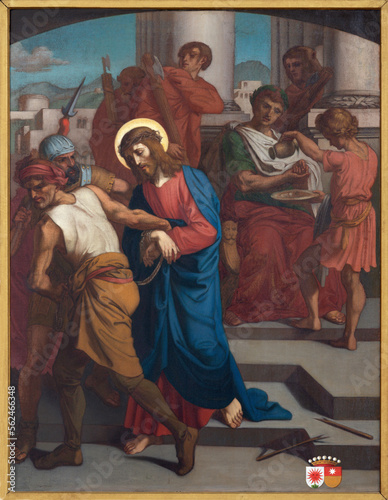 Canvastavla LUZERN, SWITZERLAND - JUNY 24, 2022: The painting  Jesus before Pilate as part of Cross way stations in the church Franziskanerkirche from 19