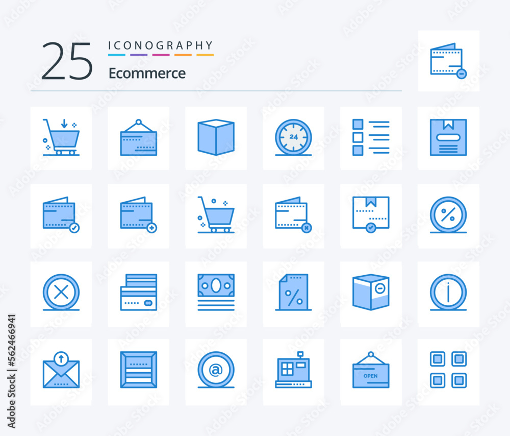 Ecommerce 25 Blue Color icon pack including checklist. e. box. day. and