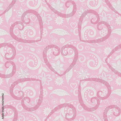 Vector seamless gentle rose floral valentine pattern with lace vintage curls and hearts