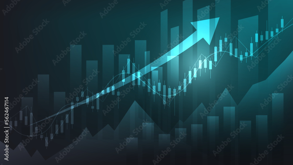 Economy and finance background concept. financial business statistics stock market candlesticks and bar chart with uptrend arrow Economy and finance background concept. financial business statistics stock market candlesticks and bar chart with uptrend arrow