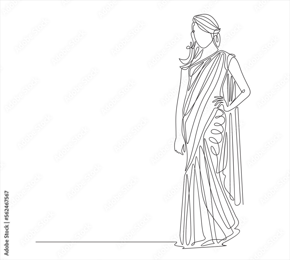 Continuous one line drawing of Indian woman with traditional dress. Vector woman with cultural theme of India country.