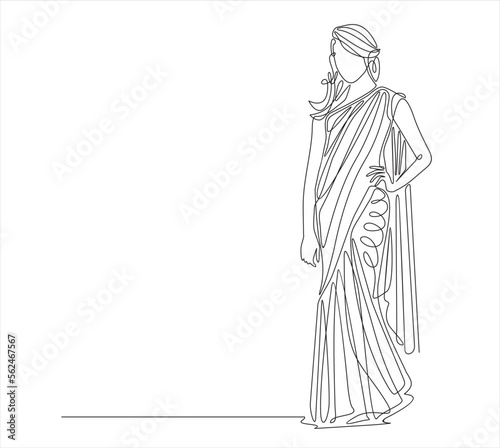 Continuous one line drawing of Indian woman with traditional dress. Vector woman with cultural theme of India country.