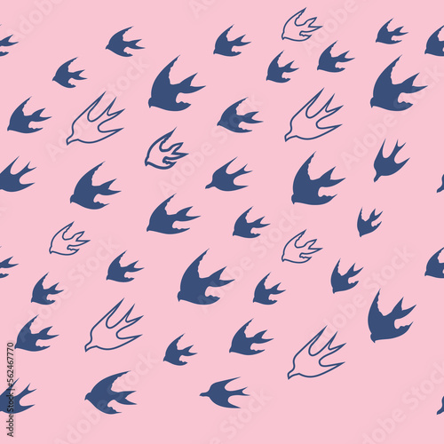 Seamless pattern with swallows and swifts birds on a pink background.