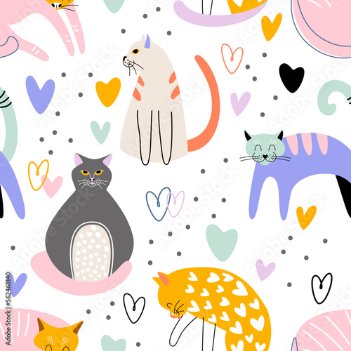 Playful cute cats with hearts and abstract decor hand drawn. Seamless vector pattern for fabric or wallpaper.