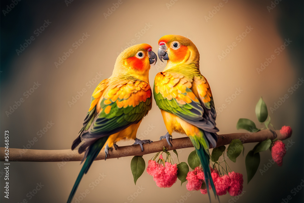 Cherry Blossoms and Joy - The Story of Two Yellow Parrots Sharing a Tender Kiss on Valentine's Day.