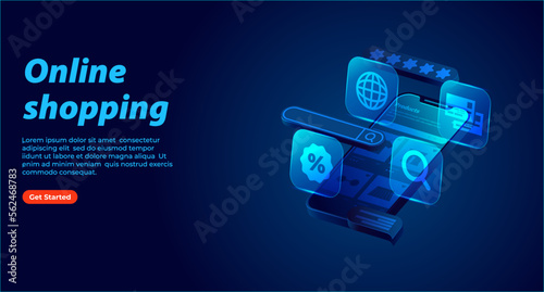 3D perspective mobile phone with online shopping icons, Web banner or landing web page for e-commerce mobile app