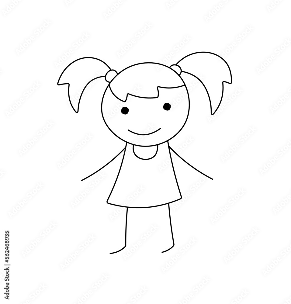 Vector isolated one cute cartoon doodle stick figure little girl in ...