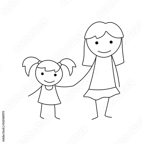 Vector isolated two cute cartoon doodle stick figure girls holding hands in dress colorless black and white contour line easy drawing