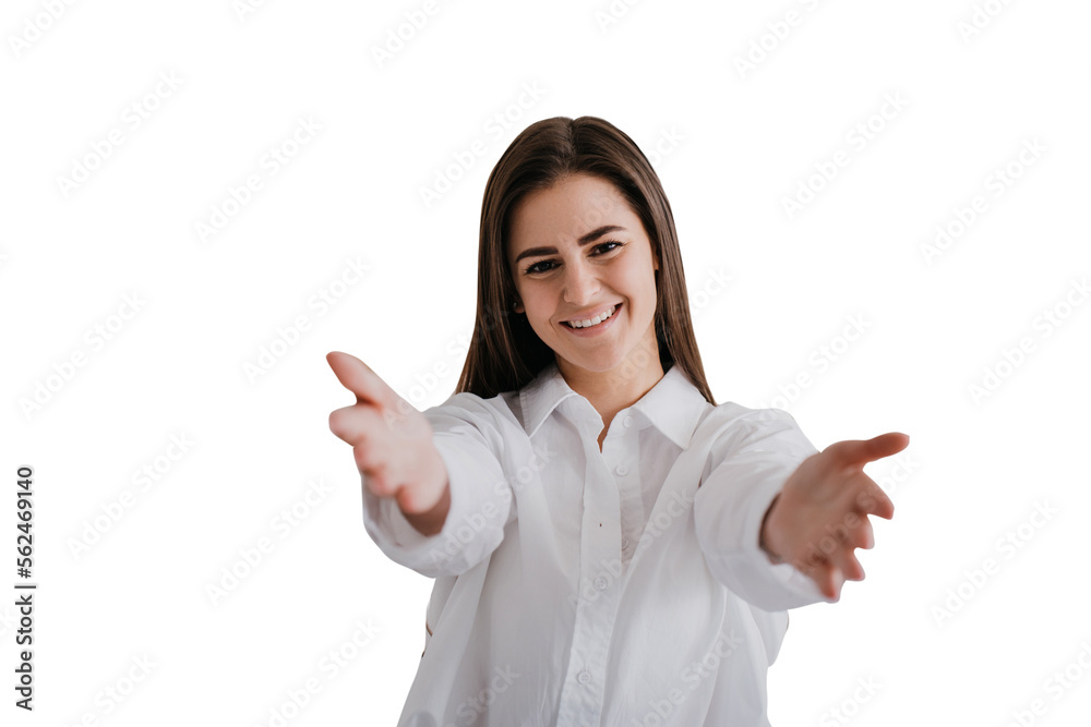 Give me warm hug. Studio shot of friendly cute brunette female student pulling hands towards camera, tilting head and smiling from happiness, wanting cuddle with boyfriend over transparent background Give me warm hug. Studio shot of friendly cute brunette female student pulling hands towards camera, tilting head and smiling from happiness, wanting cuddle with boyfriend over transparent background