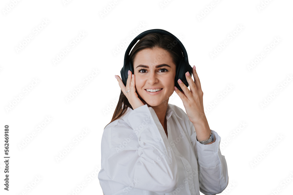 Close up portrait of brunette Hispanic woman in headphones and white shirt toothy smiling against transparent background. Domestic leisure activities. Beautiful student girl realaxing home. Close up portrait of brunette Hispanic woman in headphones and white shirt toothy smiling against transparent background. Domestic leisure activities. Beautiful student girl realaxing home.