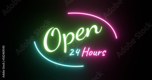 Neon Open 24 Hours Sign. Colorful Neon Open 24 Hours Sign. 