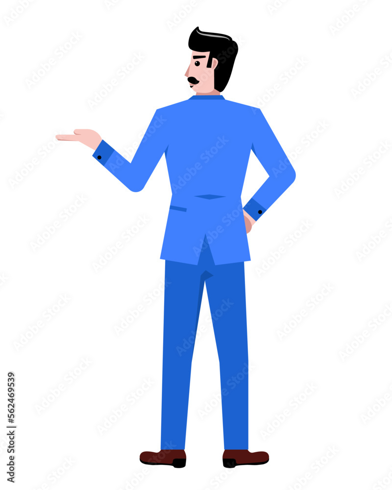 Back view. Businessman in blue suit standing, showing way isolated over white background. Concept of business, career, innovations