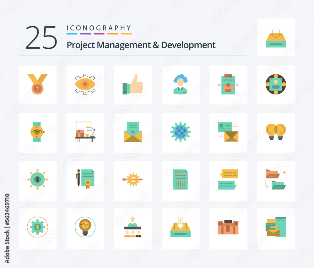 Project Management And Development 25 Flat Color icon pack including like. remarks. creative. appriciate. modern