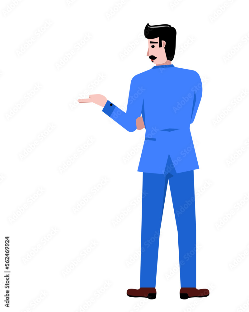 Back view. Businessman in blue suit standing, showing way isolated over white background. Arguments. Concept of business, career, innovations Back view. Businessman in blue suit standing, showing way isolated over white background. Arguments. Concept of business, career, innovations