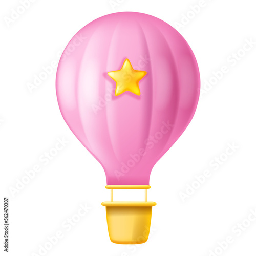 3D balloon, vector pink aerostat, air parachute icon, cartoon kids birthday design object, star. Basket adventure trip sign, travel flight concept, tourism transportation. 3D balloon party fun clipart