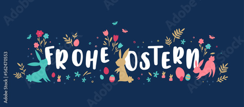 Cute hand drawn Easter design in German saying "Happy Easter" with bunnies, flowers, easter eggs, beautiful background, great for Easter advertising, banners, wallpapers - vector design