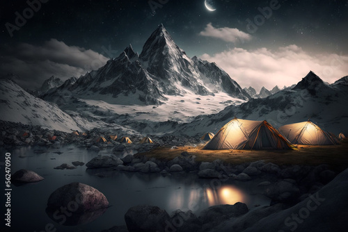 Tents and mountains. Wanderlust and travel concept. Generative Ai. 
