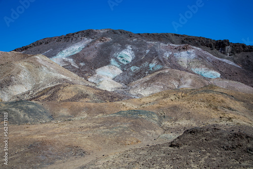 scenic road Artists Drive in Death valley to artists palette, arount stones,hills with colorful minerals,