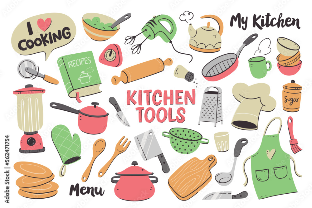 Cartoon kitchen utensils, cooking tools and appliances