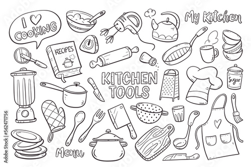 Doodle kitchen tools and appliances. Cute illustration with isolated cooking objects in vector format. Kitchen utensils collection.