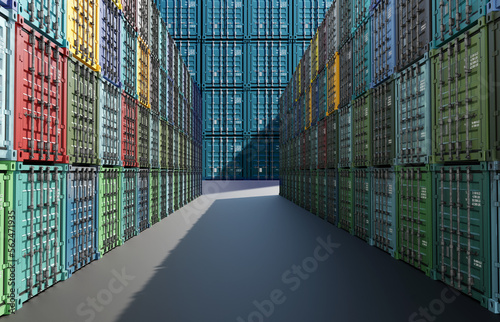 Container warehouse. Background from cargo containers. Seaport area without people. Warehouse of sea containers in open air. Place to store goods arriving by sea. Ships tare. 3d rendering.