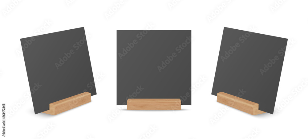 Vector 3d Realistic Black Square Empty Blank Paper Sheet, Card on Wooden Holder, Stand Icon Set Closeup Isolated. Design Template for Mockup, Menu Frame, Booklets. Acrylic Tent Card. Front, Side View
