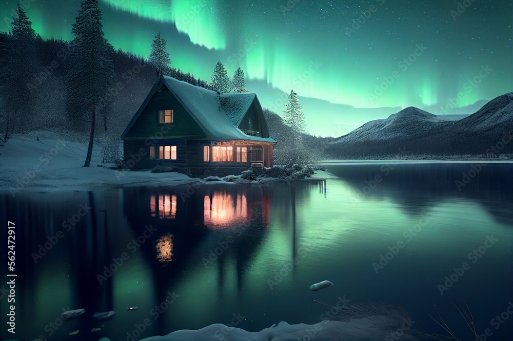 Fototapeta premium aurora borealis house with lake made with generative ai, winter, ray tracing, northern light