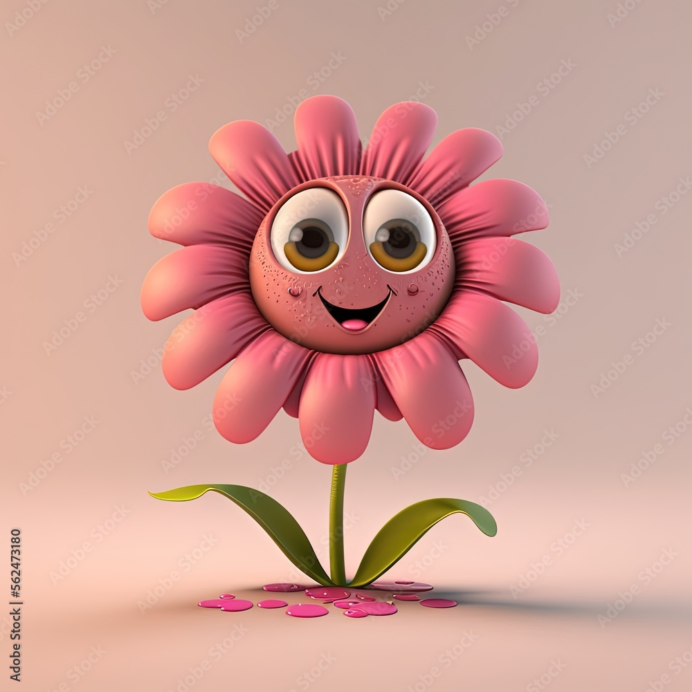Cute Pink Cartoon Flower - obrazy, fototapety, plakaty 