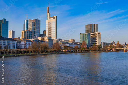 View across the Main towards the skyline of Frankfurt am Main on a sunny spring day