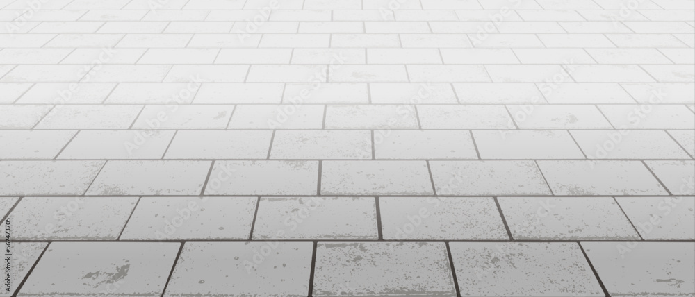 Vanishing perspective concrete interlocking block floor pavement vector background with texture. Tile surface. City street road or walkway with grid stone pattern. Patio exterior. Panoramic landscape