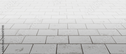Vanishing perspective concrete interlocking block floor pavement vector background with texture. Tile surface. City street road or walkway with grid stone pattern. Patio exterior. Panoramic landscape