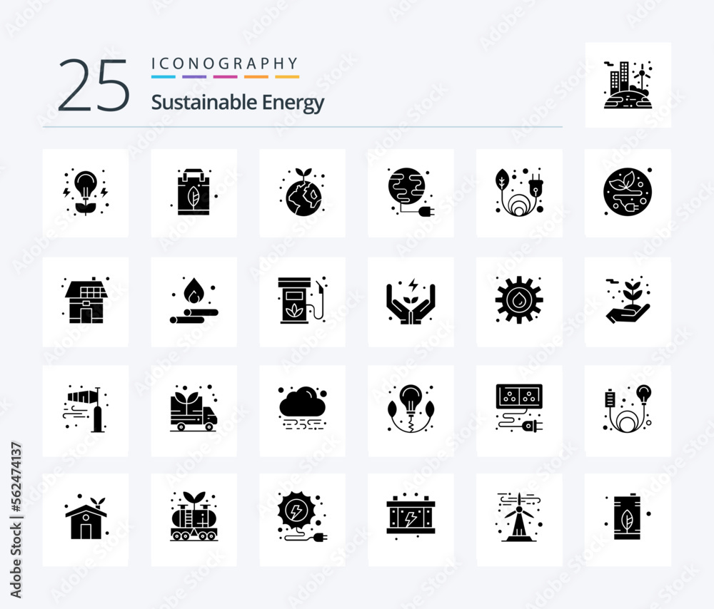 Sustainable Energy 25 Solid Glyph icon pack including green energy. globe. earth. power. energy
