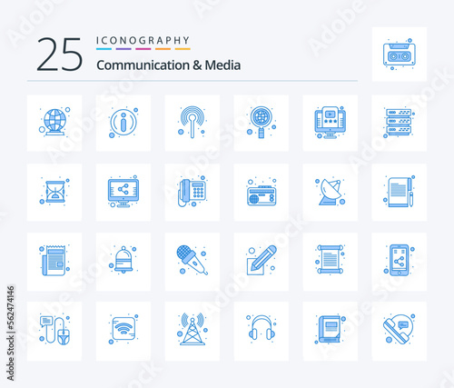 Communication And Media 25 Blue Color icon pack including video. globe. communication. search. business