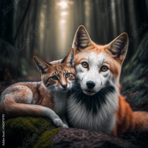 Fox and cat in the forest © Andrii Yablonskyi