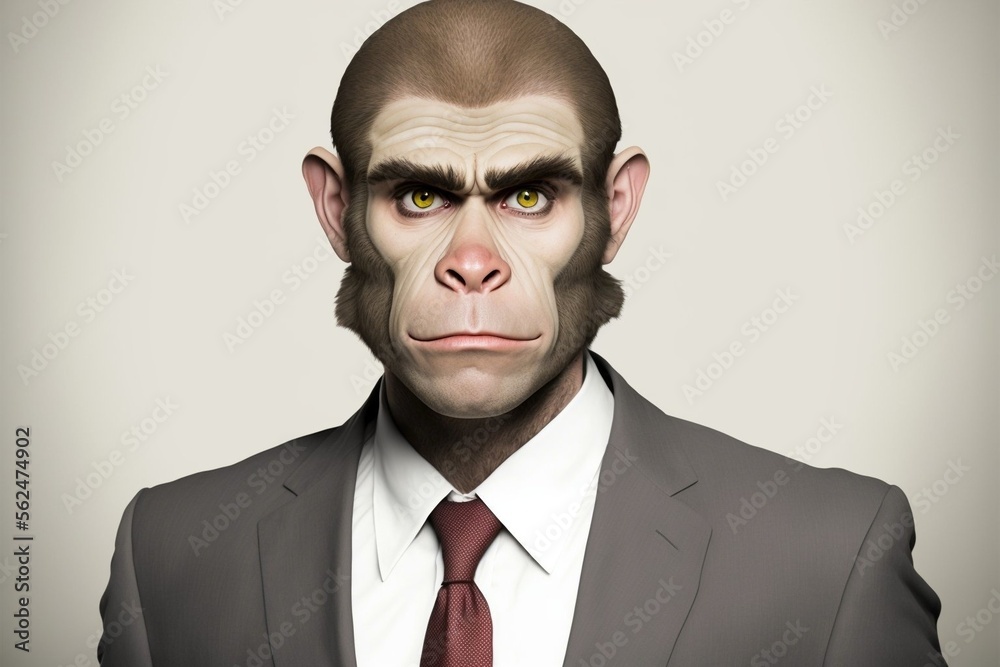 Isolated portrait of a monkey in a man's body wearing a suit and tie - Generated by Generative AI