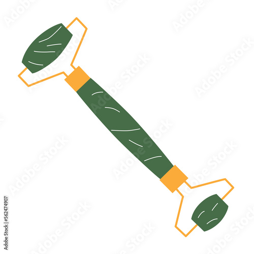 Facial roller massager icon, vector doodle illustration of skincare device, jade and quartz roller, gua sha face massage, anti-aging, face contouring, natural stone, personal care concept