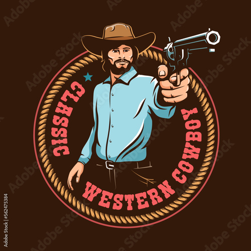 Retro western badge - Cowboy aiming a pistol. Wild west vintage emblem with gunfighter. Vector illustration