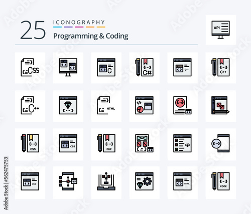 Programming And Coding 25 Line Filled icon pack including develop. c. develop. development. coding