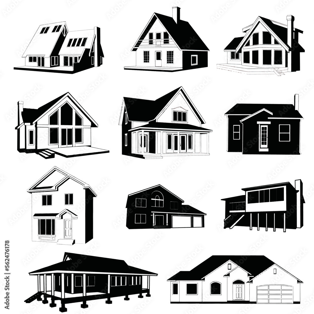 House front flat line doodle set. Various facade village or urban, small and tiny houses. Contour modern or vintage cozy buildings symbol. Residential homestead, cottage or villa  apartment