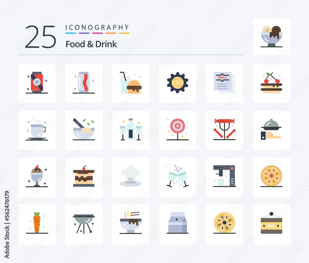 Food And Drink 25 Flat Color icon pack including . drink. soda. cap.