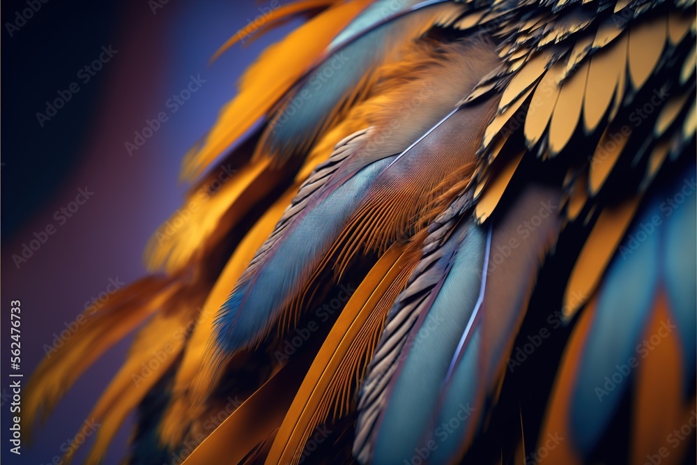 a close up of a colorful bird's feathers with a blue background and a ...