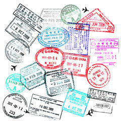 Photo of passport visas stamps on white or transparent background, travel collage overlay, png cut out