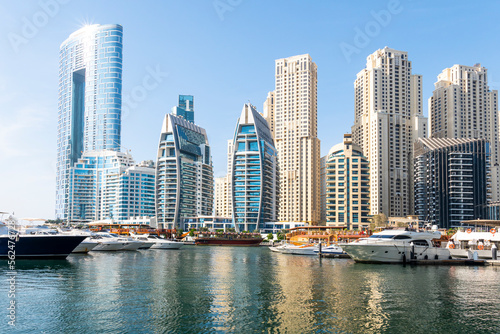 Dubai Marina skyscrapers, port with luxury yachts and Marina promenade, Dubai, United Arab Emirates