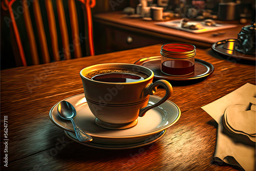 a cup of coffee on a table - Generative AI