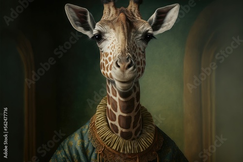 Portrait of giraffe in a victorian dress. Generative AI