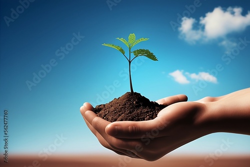 hands holding a little plant growing on soil with blue sky background
