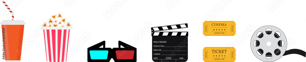 Fototapeta premium Collection of vector illustrations on the theme of cinema. Packaging from a popcorn box, a large spool. A flapping board. Flat design style. Tickets. Isolated.