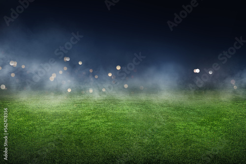 textured soccer game field with neon fog - center, midfield, 3D Illustration